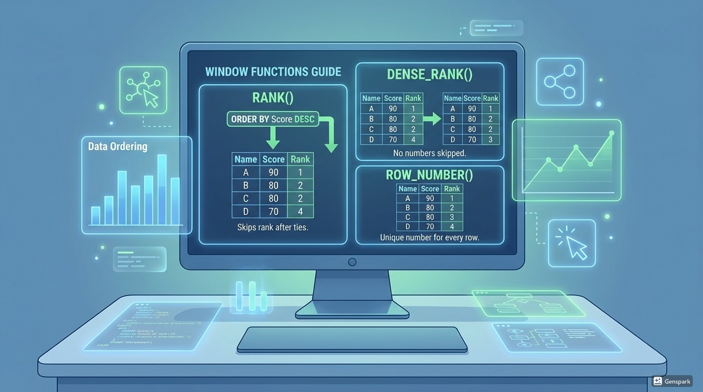 WINDOW関数（RANK, DENSE_RANK, ROW_NUMBER）の使い分け完全ガイド